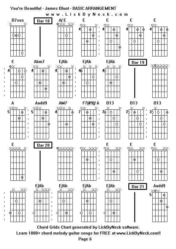 Chord Grids Chart of chord melody fingerstyle guitar song-You're Beautiful - James Blunt - BASIC ARRANGEMENT,generated by LickByNeck software.